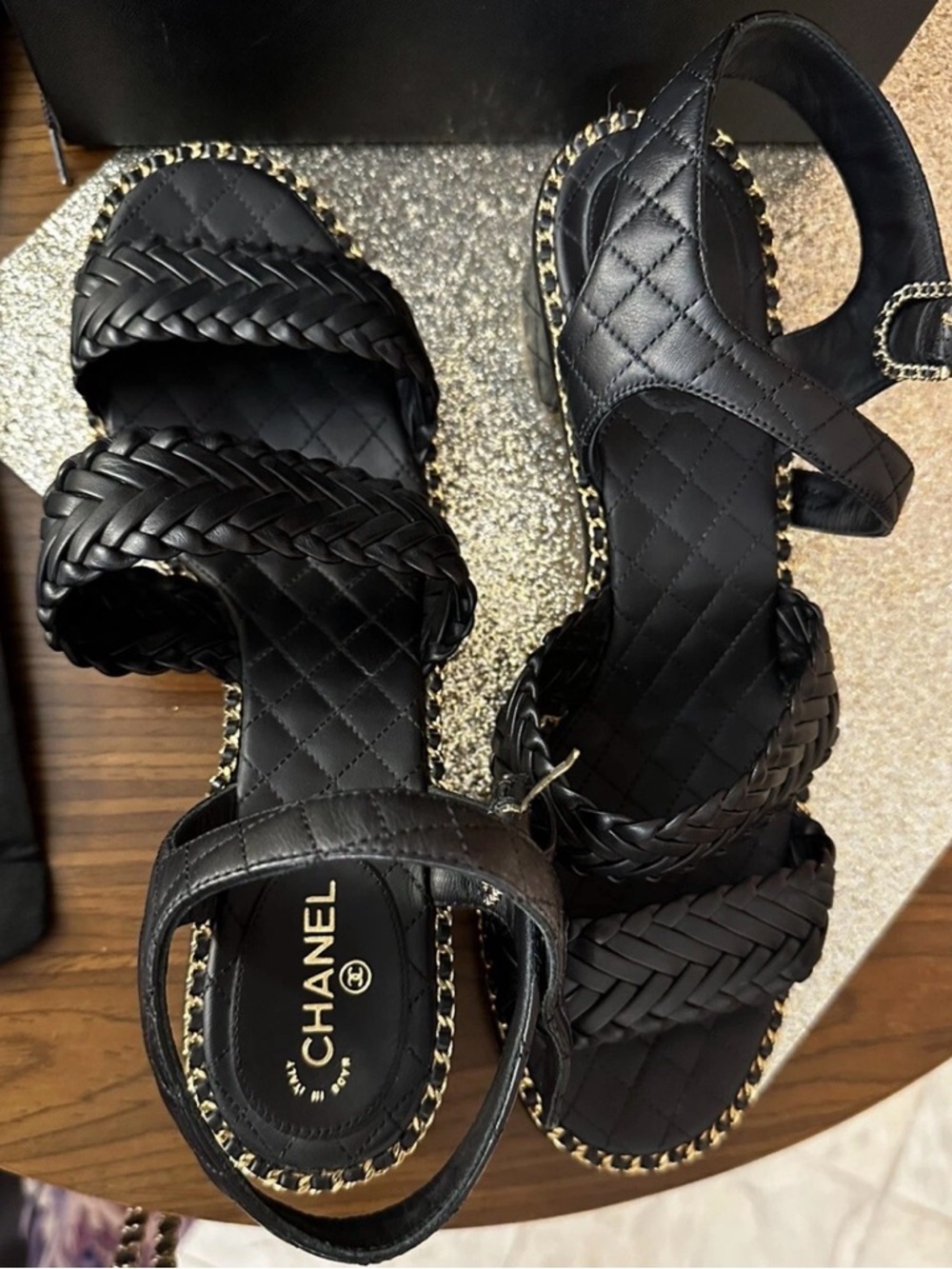 CHANEL Black Braided Leather Platform Sandals - Picture 2 of 5